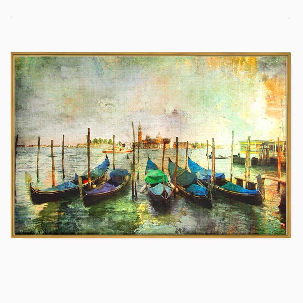 Tablou canvas cu pictura orizontala cu gondole in venetia, in rama de aluminiu auriu