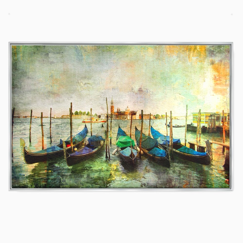 Tablou canvas cu pictura orizontala cu gondole in venetia, in rama de aluminiu argintiu
