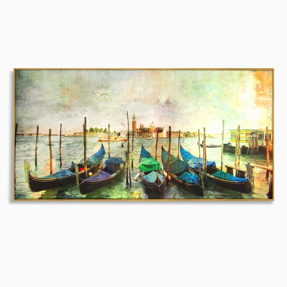 Tablou canvas cu pictura orizontala cu gondole in venetia, in rama de aluminiu auriu