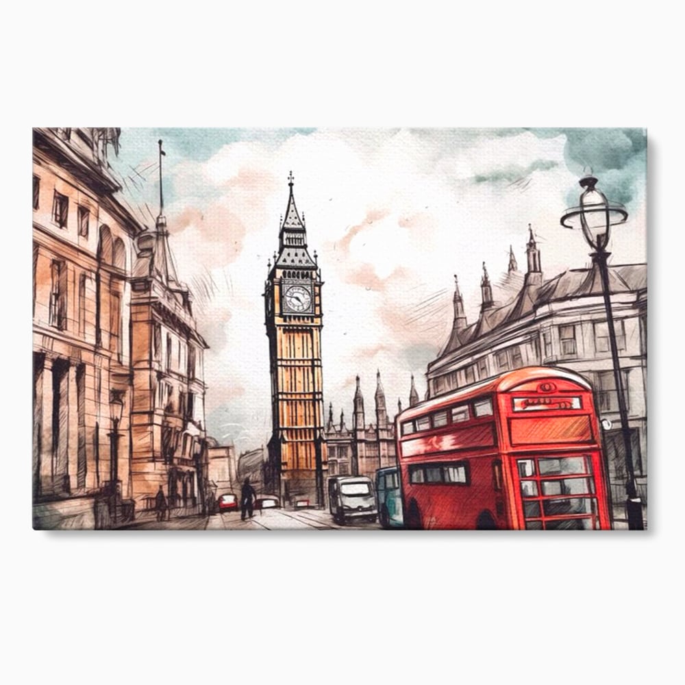 Tablou canvas cu ilustratie urbana cu big ben si autobuz rosu, fara rama, pe sasiu de lemn