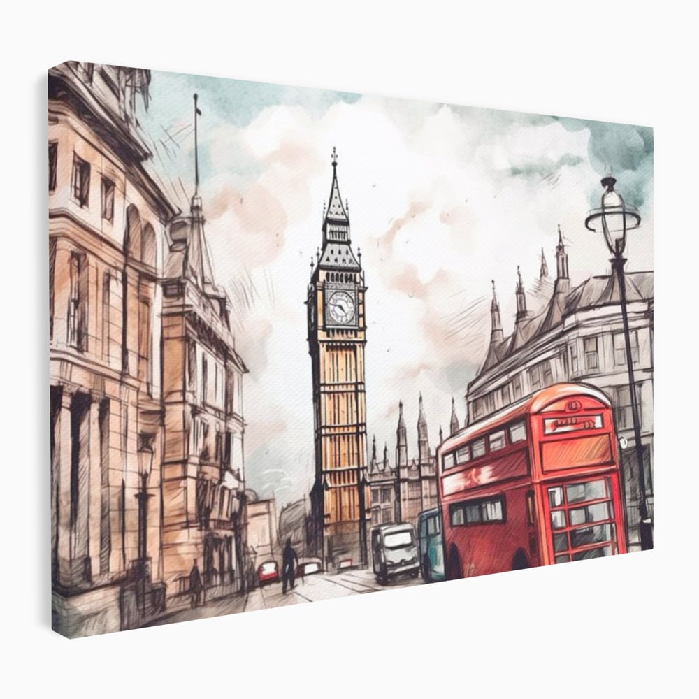 Tablou canvas cu ilustratie urbana cu big ben si autobuz rosu, fara rama, pe sasiu de lemn