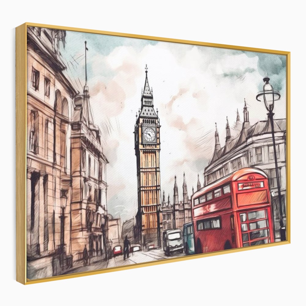 Tablou canvas cu ilustratie urbana cu big ben si autobuz rosu, in rama de aluminiu auriu