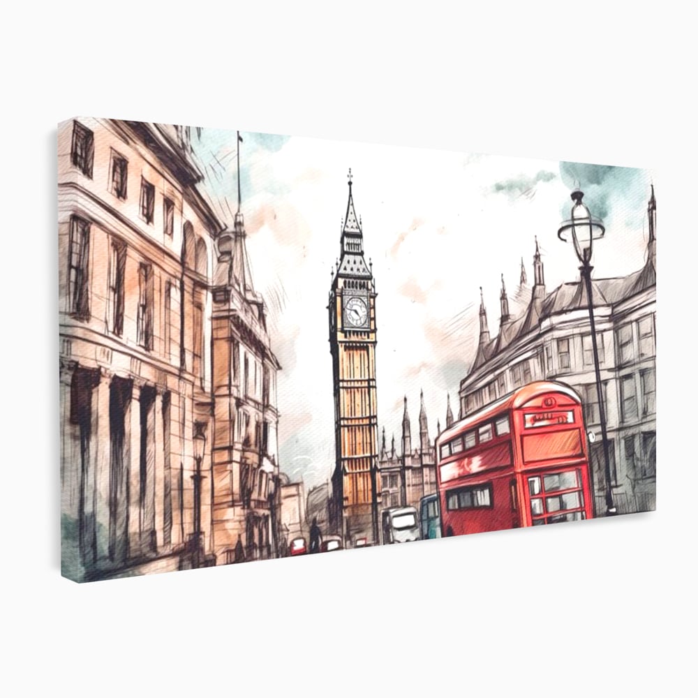 Tablou canvas cu ilustratie urbana cu big ben si autobuz rosu, fara rama, pe sasiu de lemn