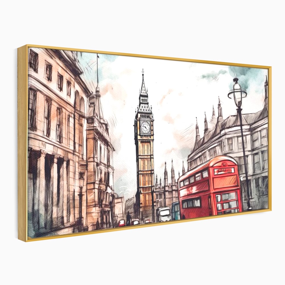 Tablou canvas cu ilustratie urbana cu big ben si autobuz rosu, in rama de aluminiu auriu