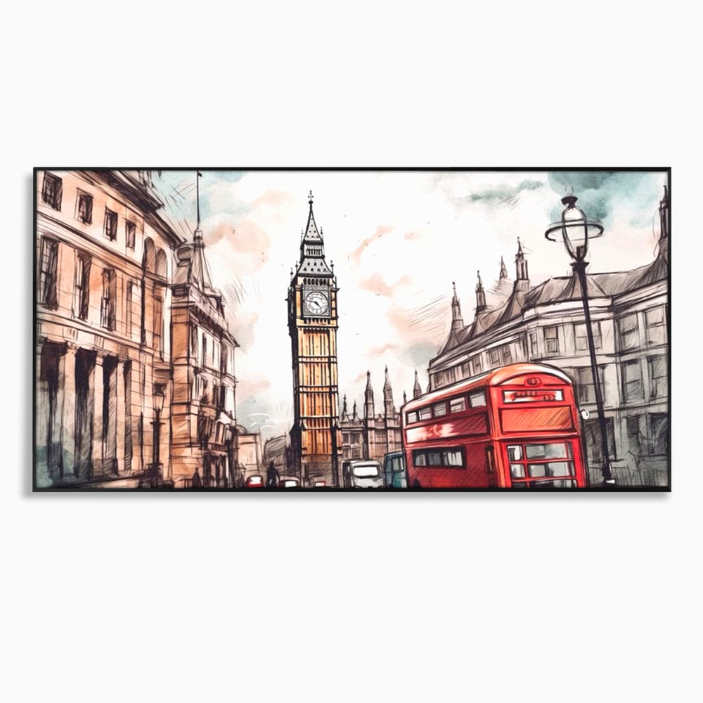 Tablou canvas cu ilustratie urbana cu big ben si autobuz rosu, in rama de aluminiu negru