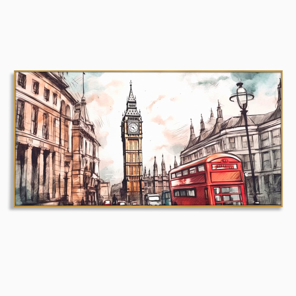 Tablou canvas cu ilustratie urbana cu big ben si autobuz rosu, in rama de aluminiu auriu