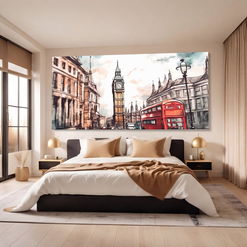 Tablou canvas cu ilustratie urbana cu big ben si autobuz rosu, fara rama, pe sasiu de lemn, pe perete intr-un dormitor