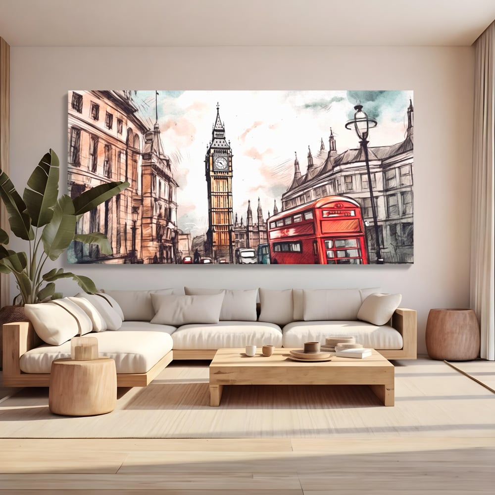 Tablou canvas cu ilustratie urbana cu big ben si autobuz rosu, fara rama, pe sasiu de lemn, pe perete intr-un living