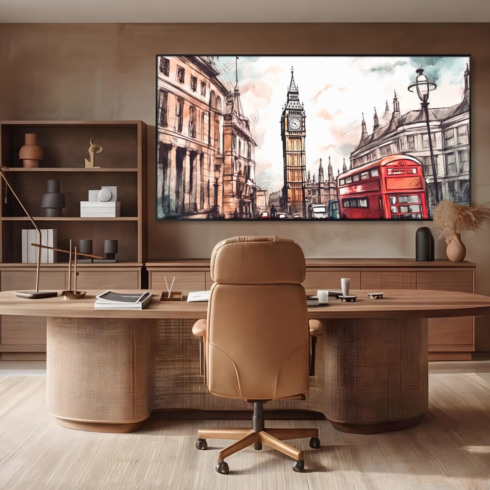 Tablou canvas cu ilustratie urbana cu big ben si autobuz rosu, in rama de aluminiu negru, pe perete intr-un birou