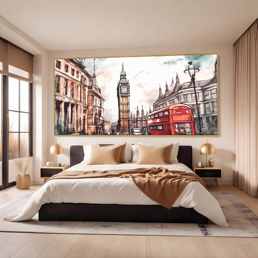 Tablou canvas cu ilustratie urbana cu big ben si autobuz rosu, in rama de aluminiu auriu, pe perete intr-un dormitor