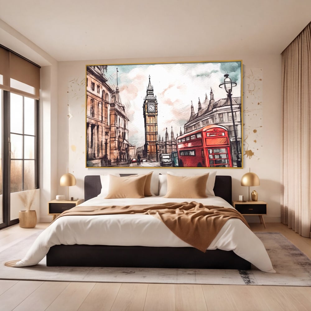 Tablou canvas cu ilustratie urbana cu big ben si autobuz rosu, in rama de aluminiu auriu, pe perete intr-un dormitor