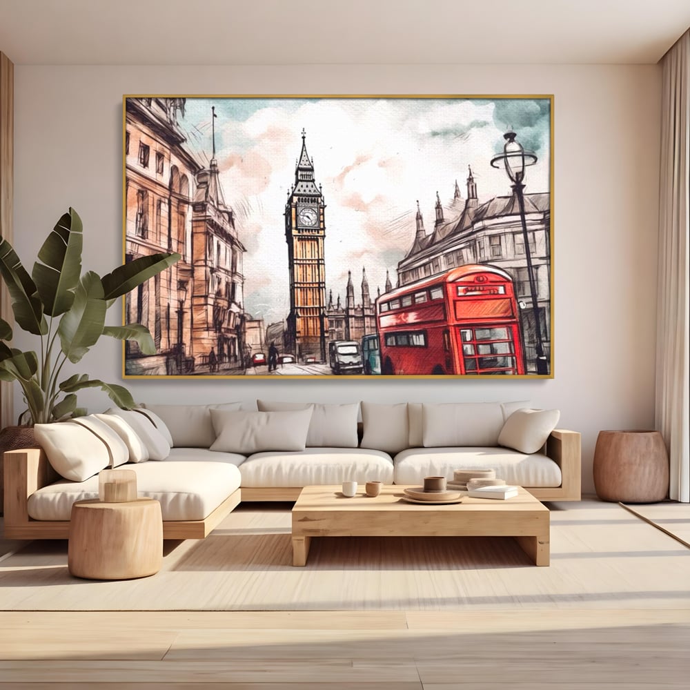 Tablou canvas cu ilustratie urbana cu big ben si autobuz rosu, in rama de aluminiu auriu, pe perete intr-un living