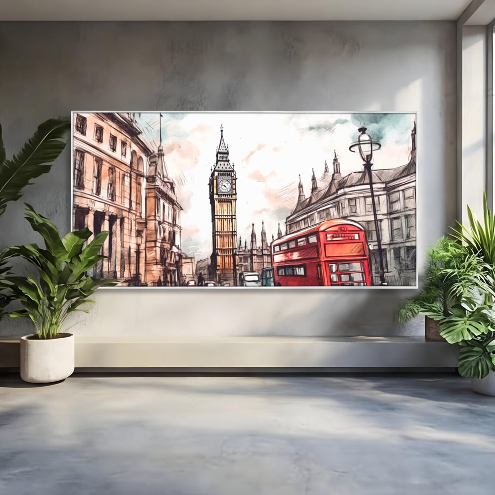 Tablou canvas cu ilustratie urbana cu big ben si autobuz rosu, in rama de aluminiu argintiu