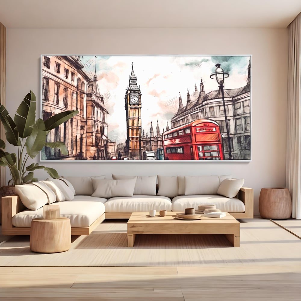 Tablou canvas cu ilustratie urbana cu big ben si autobuz rosu, in rama de aluminiu argintiu, pe perete intr-un living