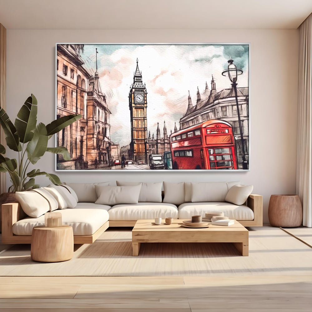 Tablou canvas cu ilustratie urbana cu big ben si autobuz rosu, in rama de aluminiu argintiu, pe perete intr-un living