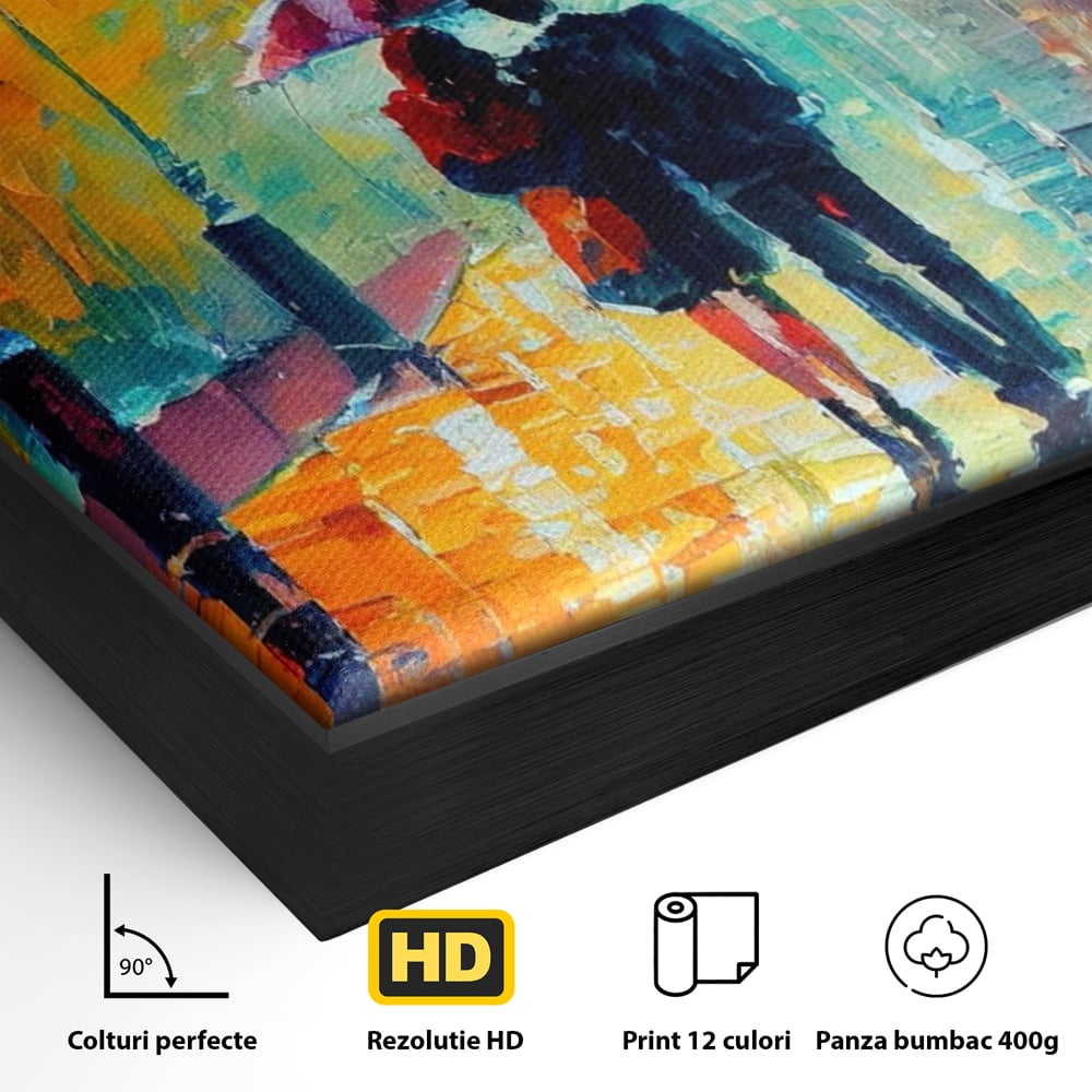 Detaliu al suprafetei: tablou canvas cu indragostiti in ploaie, in rama de aluminiu negru