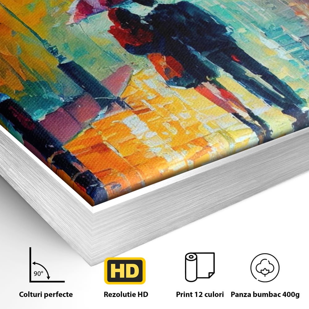 Detaliu al suprafetei: tablou canvas cu indragostiti in ploaie, in rama de aluminiu argintiu
