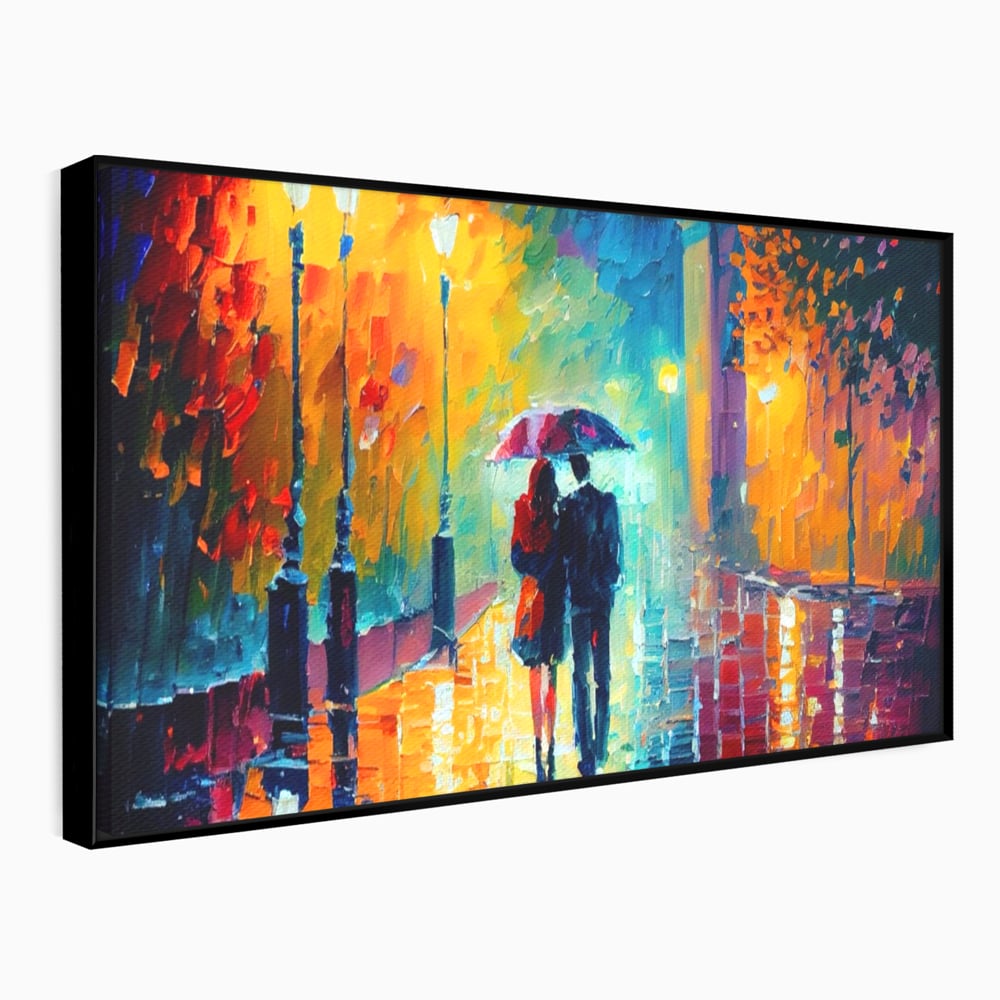 Tablou canvas cu tablou canvas cu indragostiti in ploaie, in rama de aluminiu negru