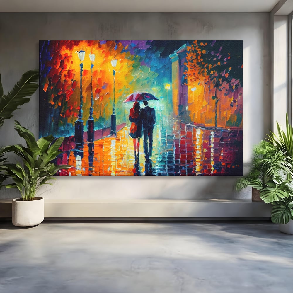 Tablou canvas cu tablou canvas cu indragostiti in ploaie, fara rama, pe sasiu de lemn