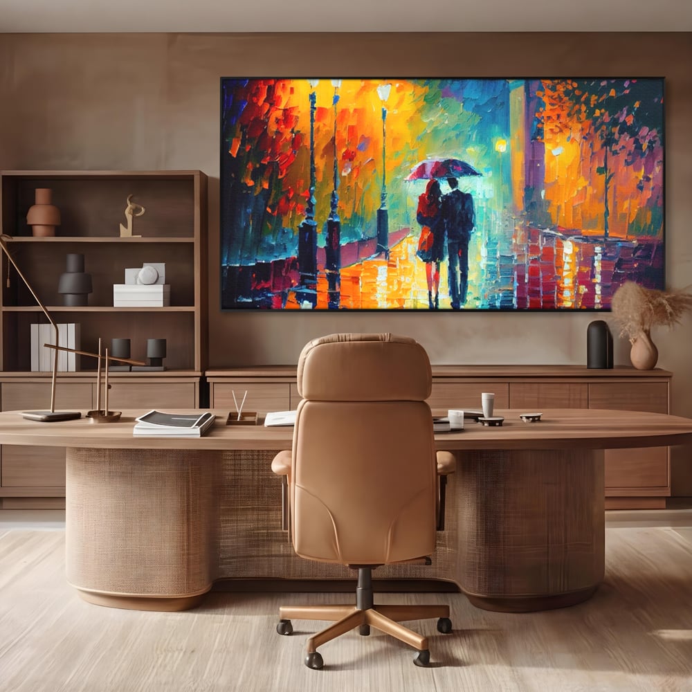Tablou canvas cu tablou canvas cu indragostiti in ploaie, in rama de aluminiu negru, pe perete intr-un birou