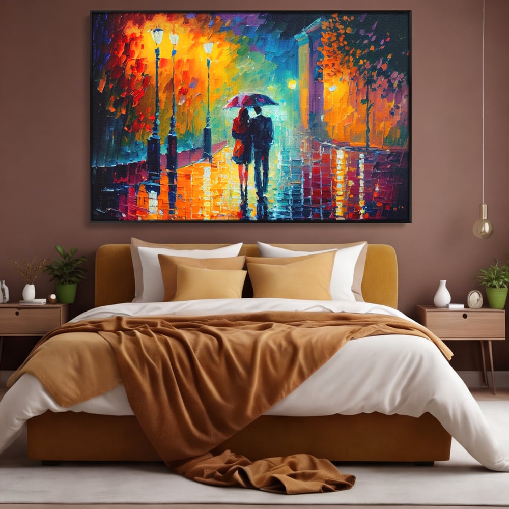Tablou canvas cu tablou canvas cu indragostiti in ploaie, in rama de aluminiu negru, pe perete intr-un dormitor