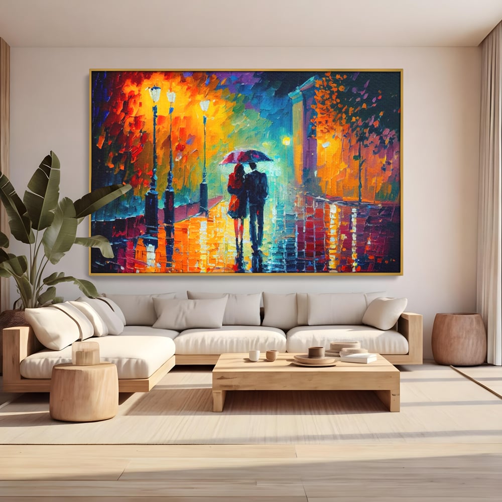 Tablou canvas cu tablou canvas cu indragostiti in ploaie, in rama de aluminiu auriu, pe perete intr-un living
