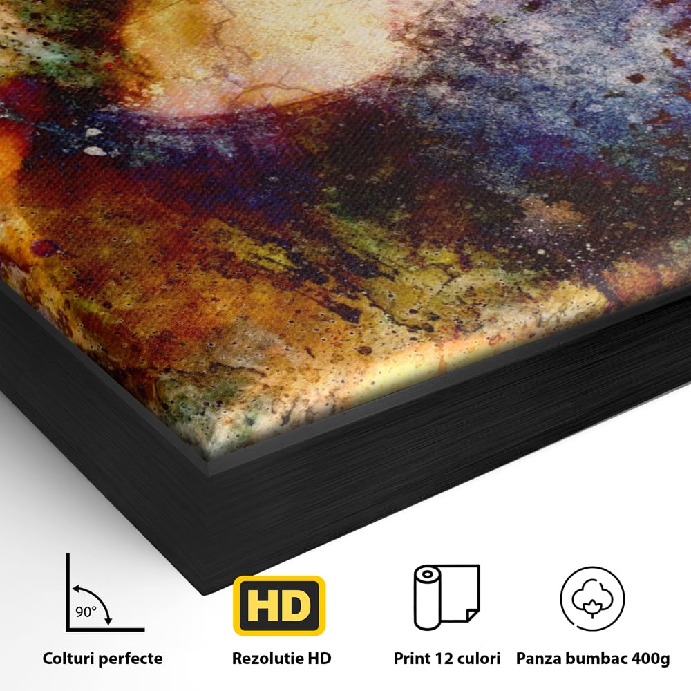 Detaliu al suprafetei: tablou canvas cu mona lisa in culori vibrante, in rama de aluminiu negru