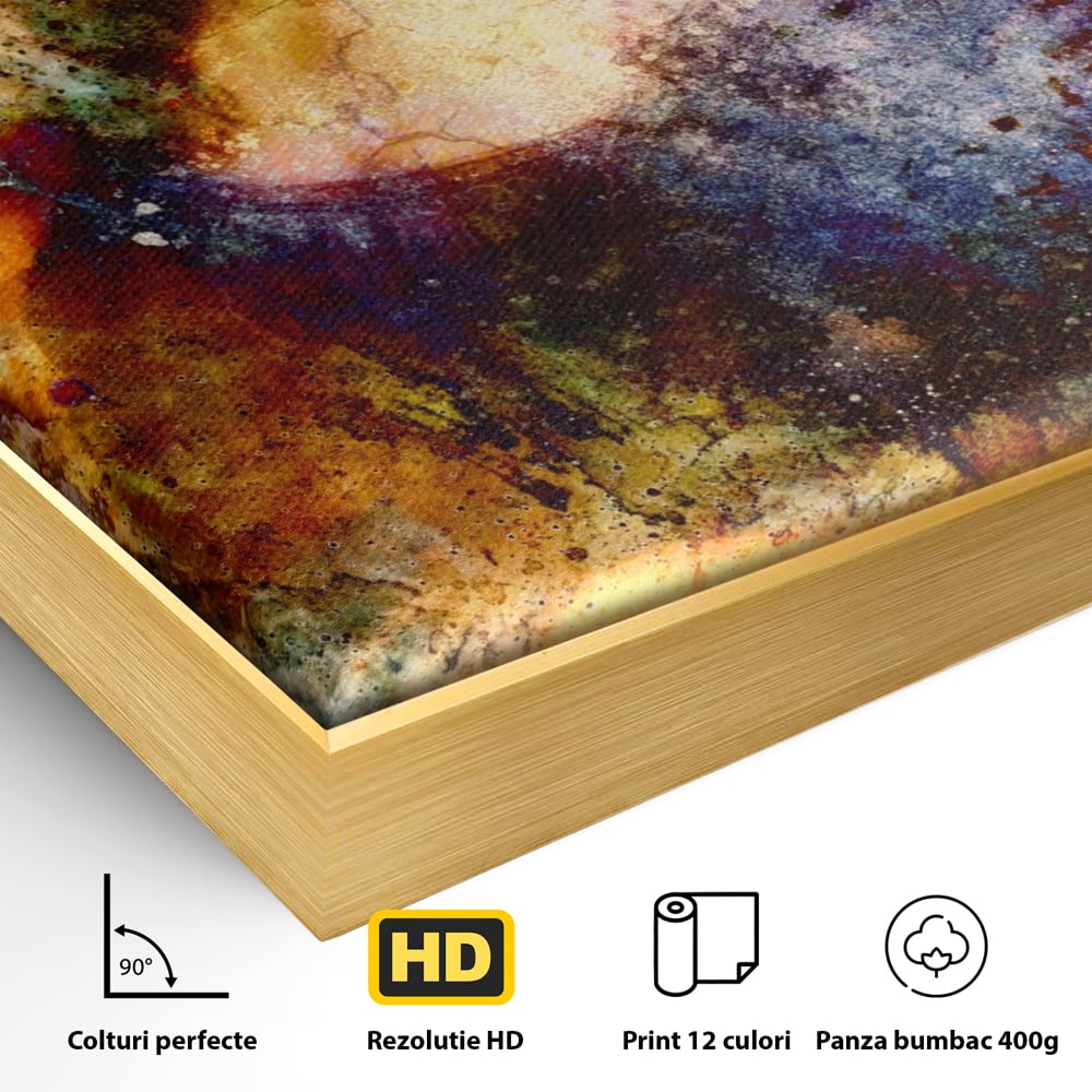 Detaliu al suprafetei: tablou canvas cu mona lisa in culori vibrante, in rama de aluminiu auriu