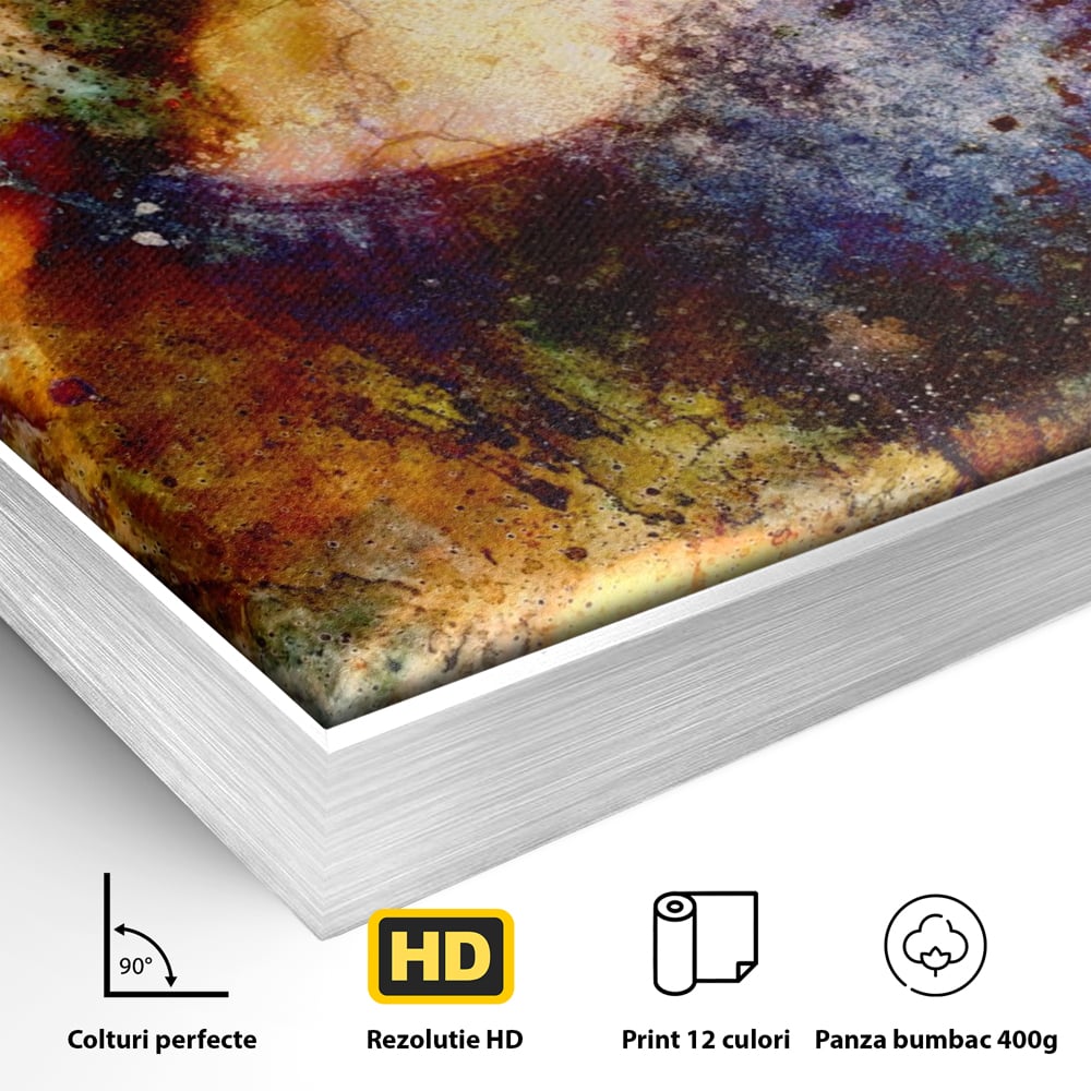 Detaliu al suprafetei: tablou canvas cu mona lisa in culori vibrante, in rama de aluminiu argintiu
