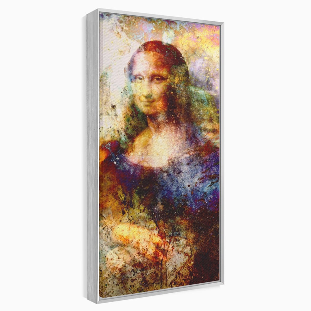 Tablou canvas cu tablou canvas cu mona lisa in culori vibrante, in rama de aluminiu argintiu
