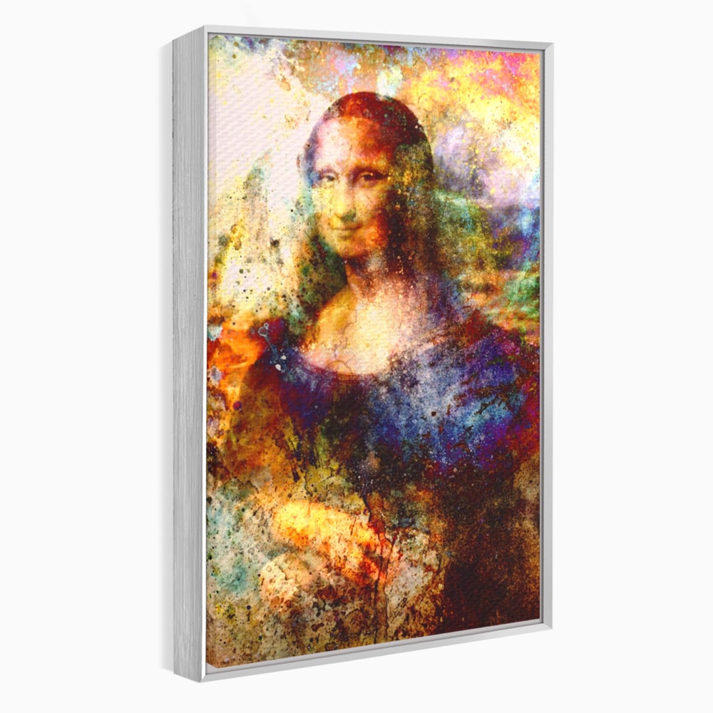 Tablou canvas cu tablou canvas cu mona lisa in culori vibrante, in rama de aluminiu argintiu