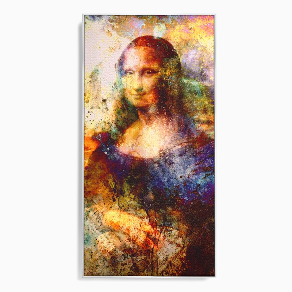 Tablou canvas cu tablou canvas cu mona lisa in culori vibrante, in rama de aluminiu argintiu
