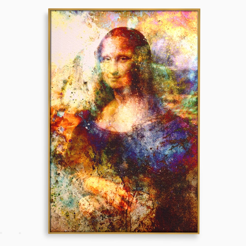 Tablou canvas cu tablou canvas cu mona lisa in culori vibrante, in rama de aluminiu auriu