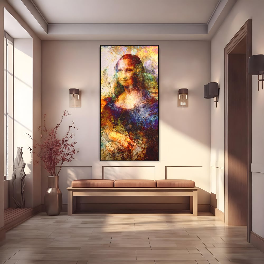Tablou canvas cu tablou canvas cu mona lisa in culori vibrante, in rama de aluminiu negru