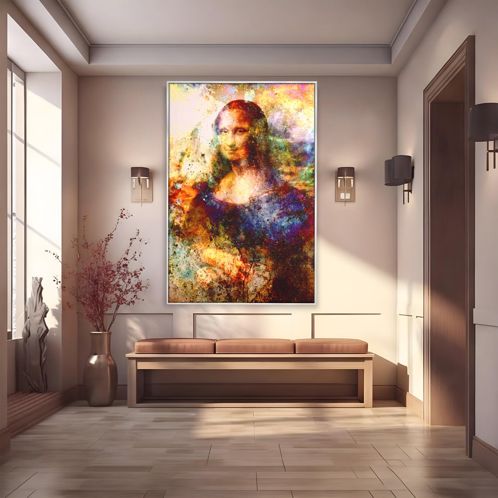 Tablou canvas cu tablou canvas cu mona lisa in culori vibrante, in rama de aluminiu argintiu