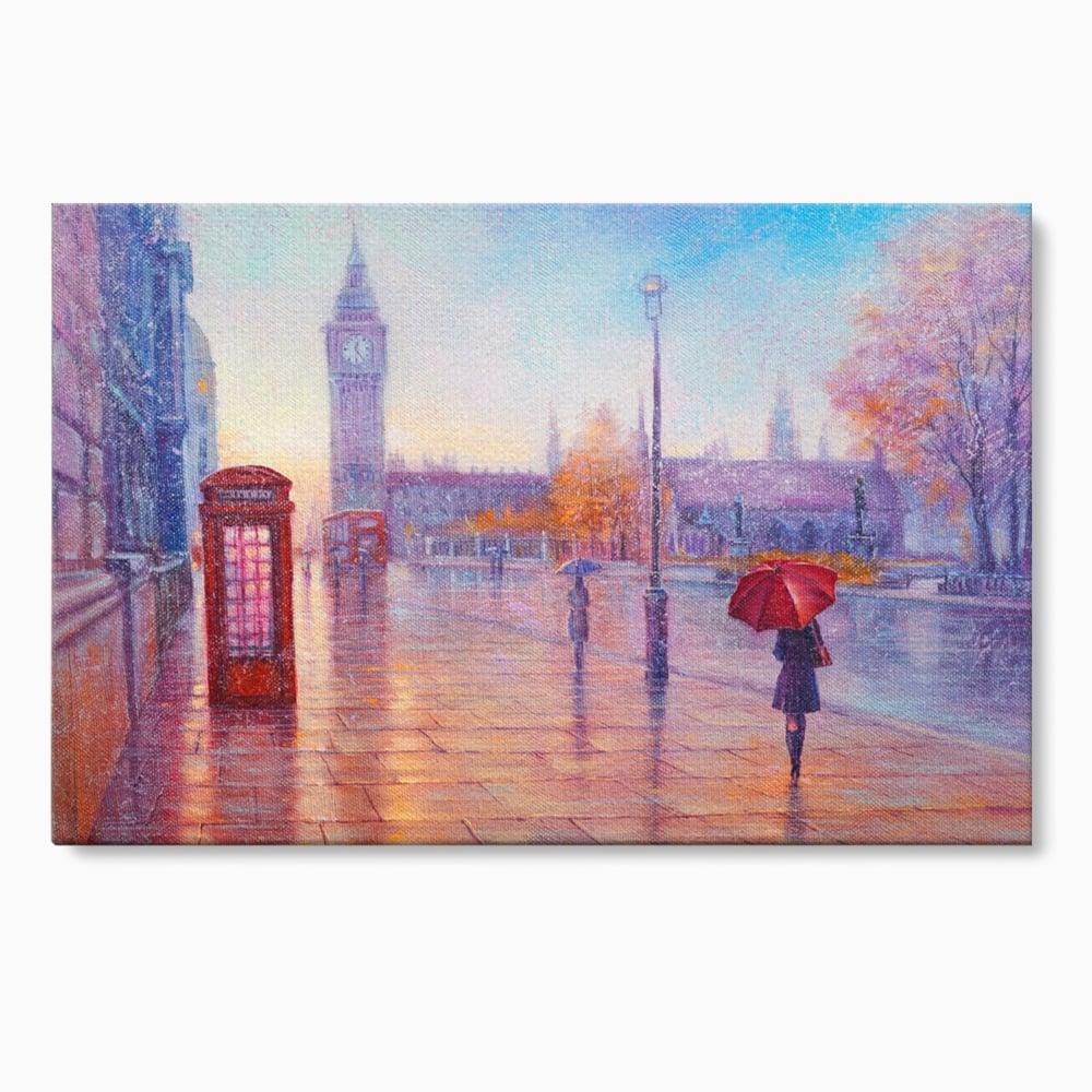 Tablou canvas cu pictura stradala cu ploaie in londra, fara rama, pe sasiu de lemn