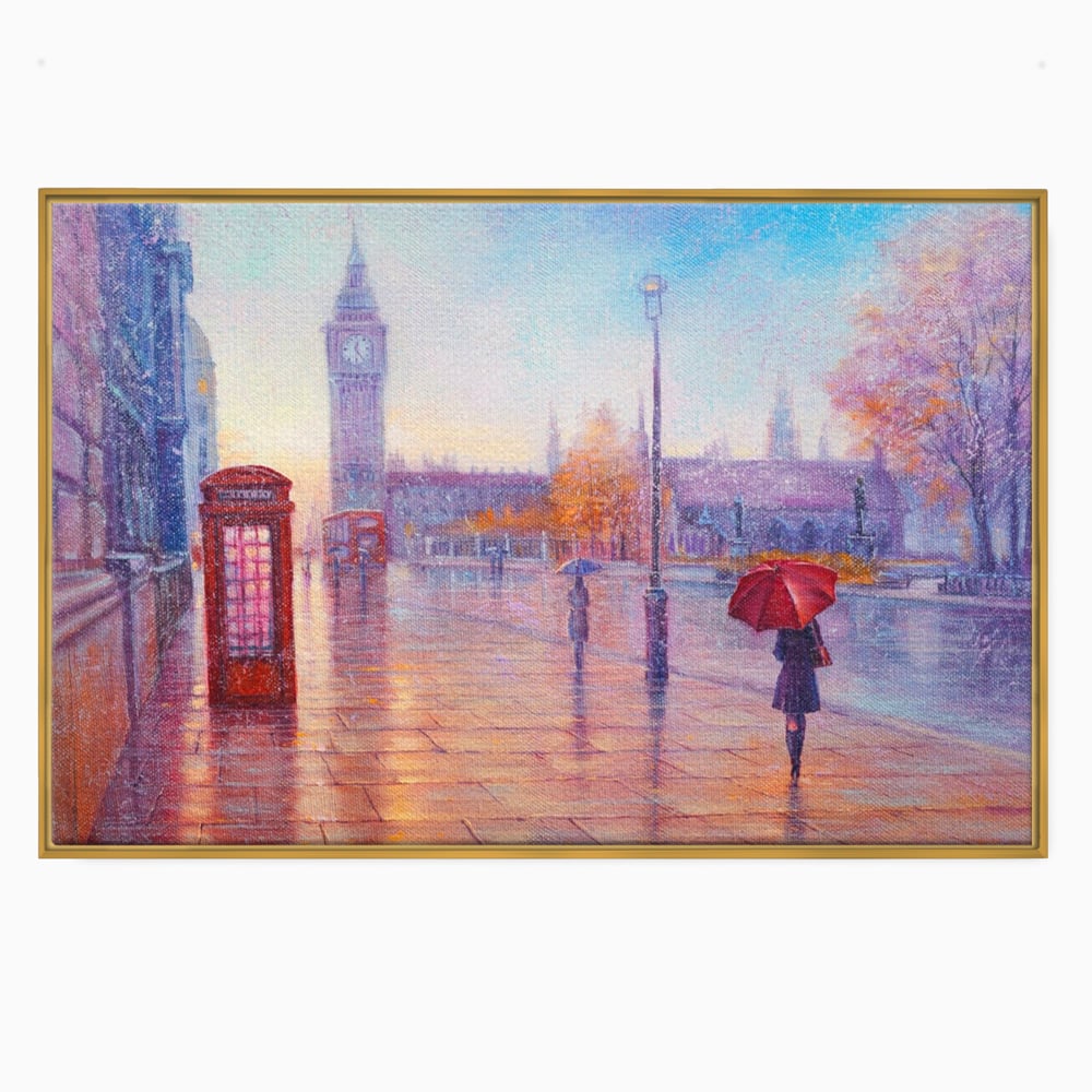 Tablou canvas cu pictura stradala cu ploaie in londra, in rama de aluminiu auriu
