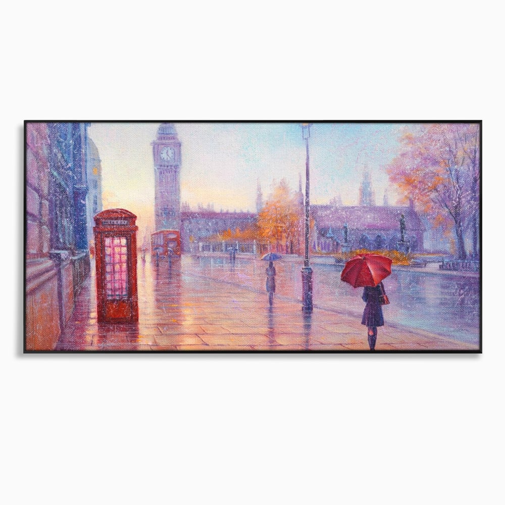 Tablou canvas cu pictura stradala cu ploaie in londra, in rama de aluminiu negru