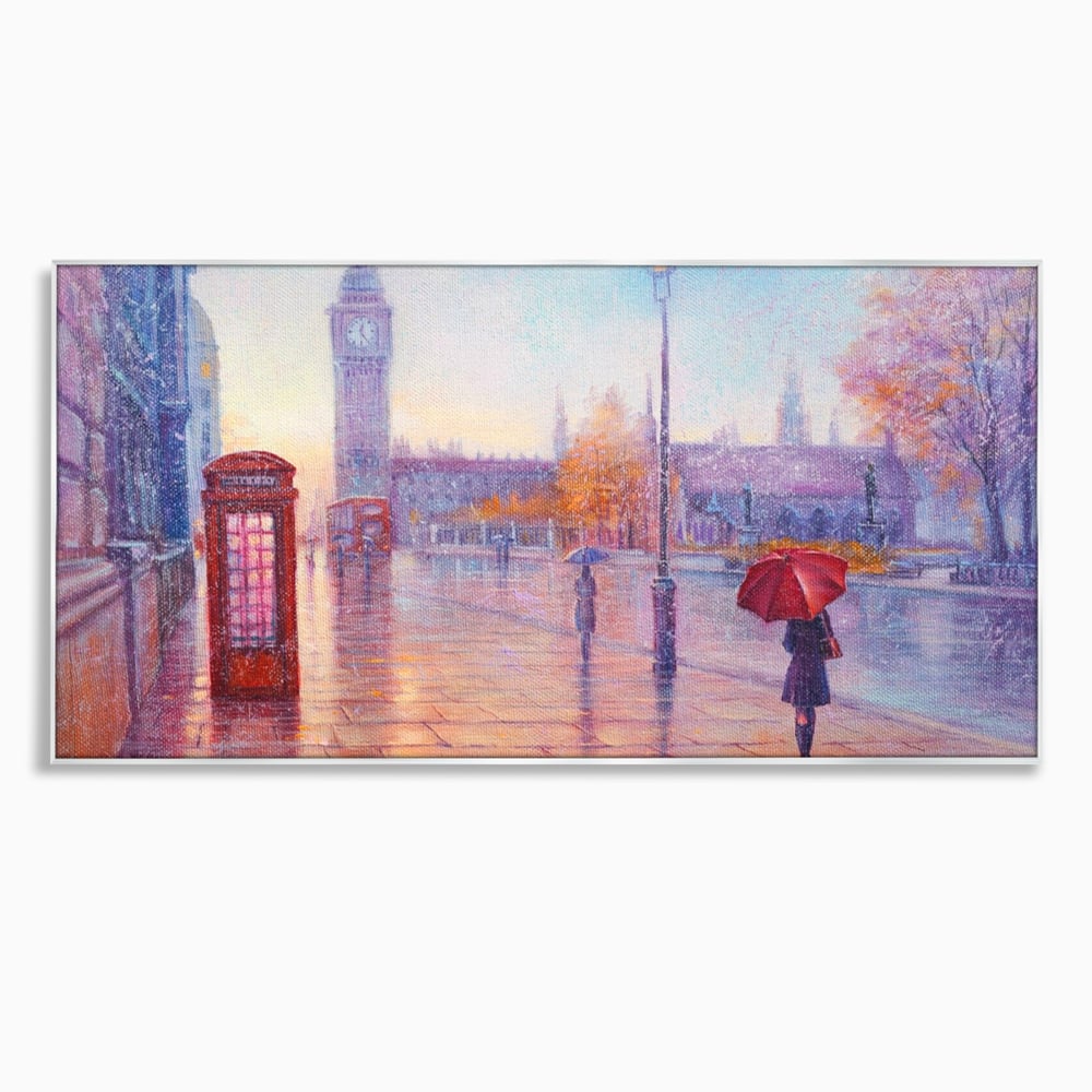 Tablou canvas cu pictura stradala cu ploaie in londra, in rama de aluminiu argintiu