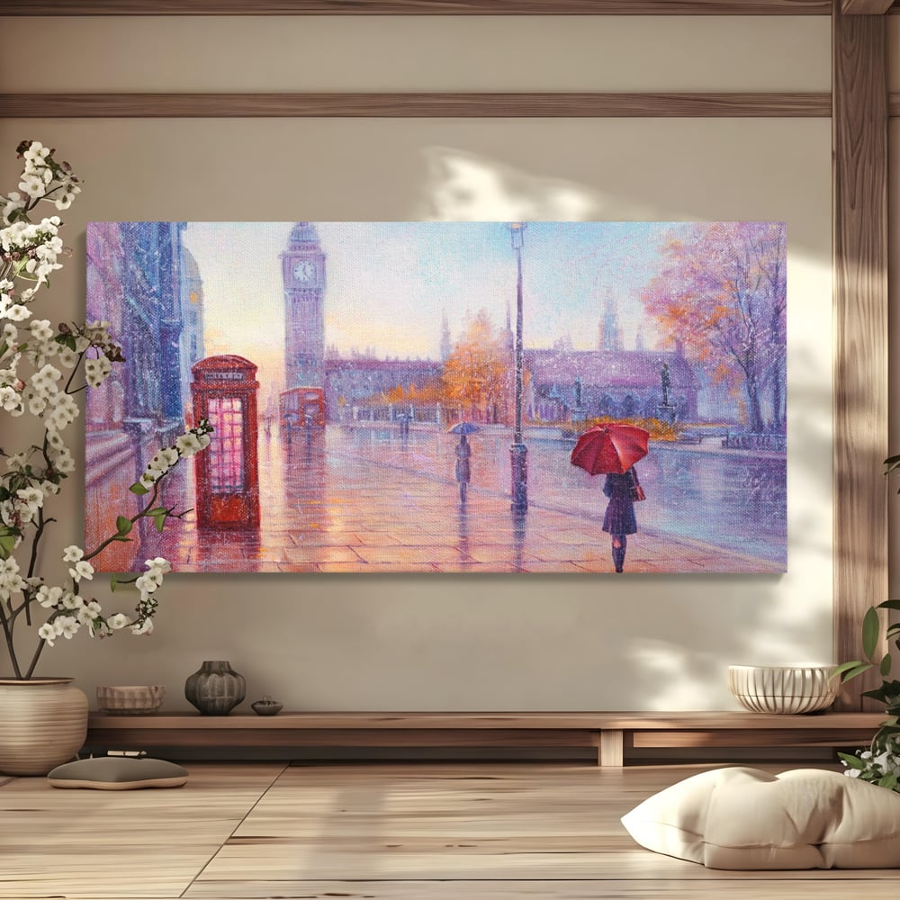 Tablou canvas cu pictura stradala cu ploaie in londra, fara rama, pe sasiu de lemn