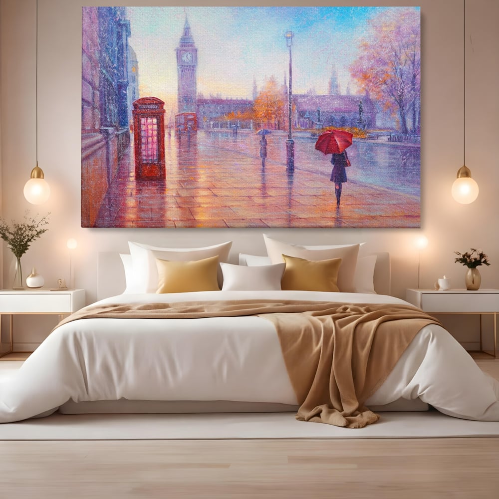 Tablou canvas cu pictura stradala cu ploaie in londra, fara rama, pe sasiu de lemn, pe perete intr-un dormitor