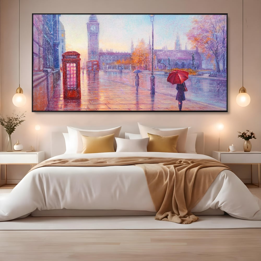 Tablou canvas cu pictura stradala cu ploaie in londra, in rama de aluminiu negru, pe perete intr-un dormitor