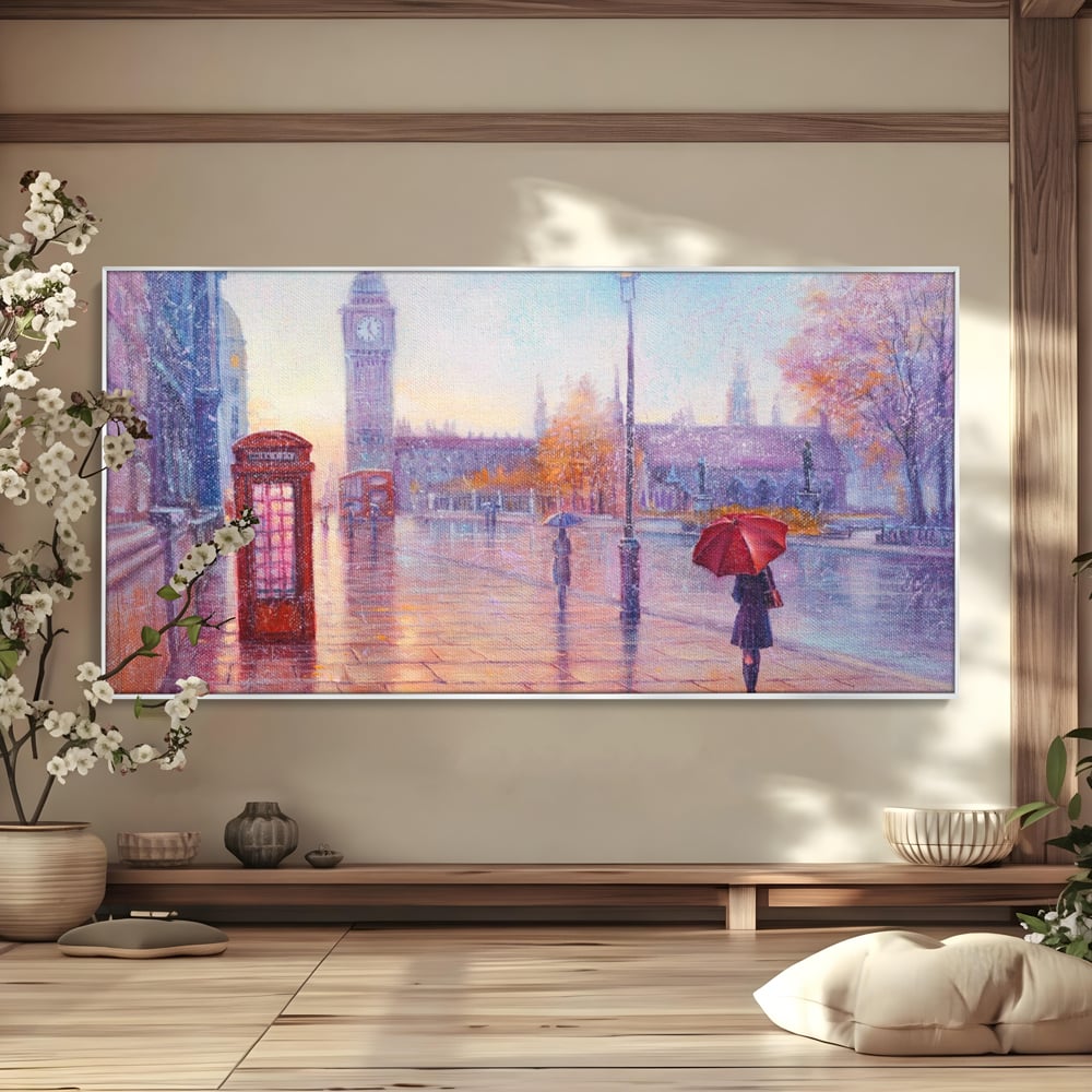 Tablou canvas cu pictura stradala cu ploaie in londra, in rama de aluminiu argintiu
