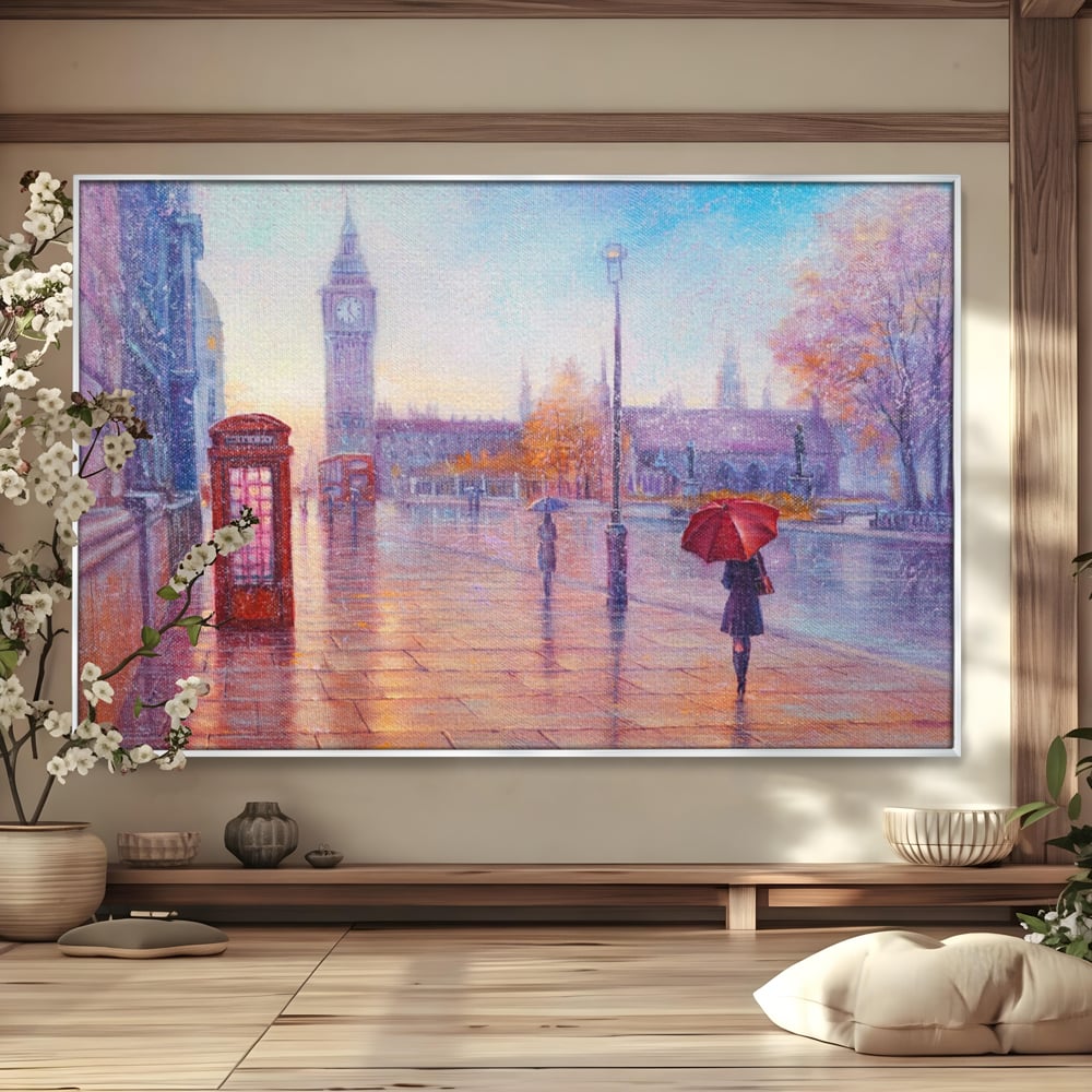 Tablou canvas cu pictura stradala cu ploaie in londra, in rama de aluminiu argintiu
