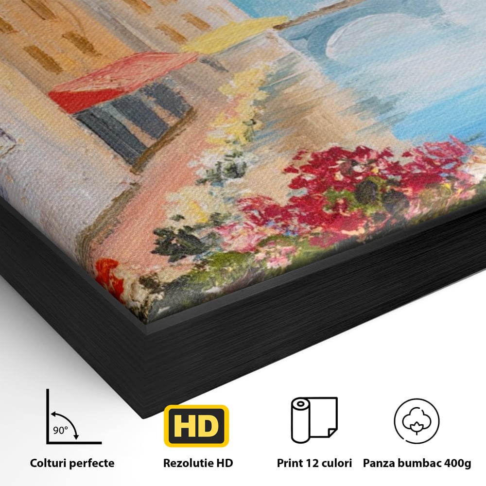 Detaliu al suprafetei: pictura cu canal italian si flori, in rama de aluminiu negru