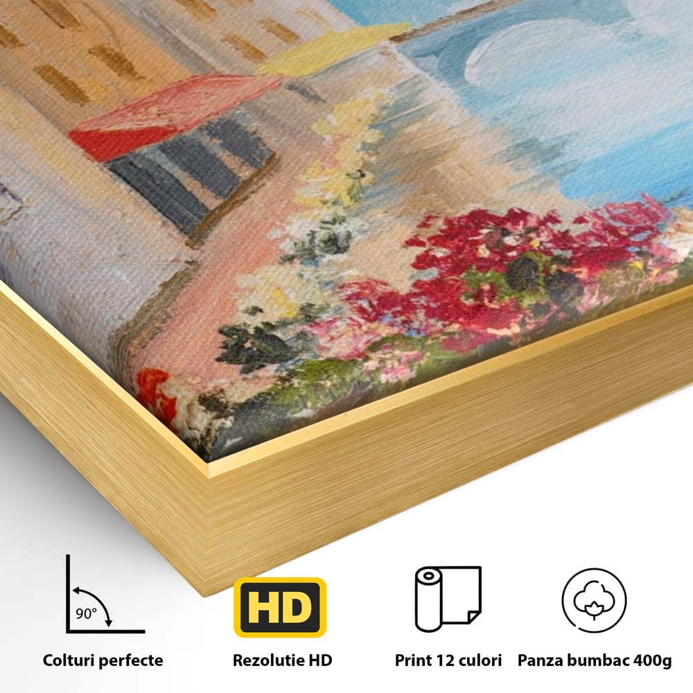 Detaliu al suprafetei: pictura cu canal italian si flori, in rama de aluminiu auriu