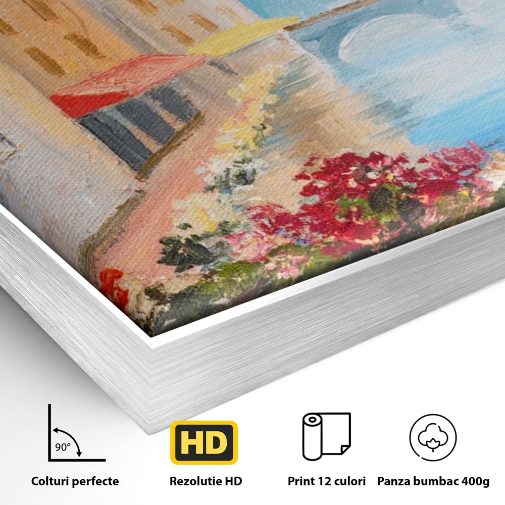 Detaliu al suprafetei: pictura cu canal italian si flori, in rama de aluminiu argintiu