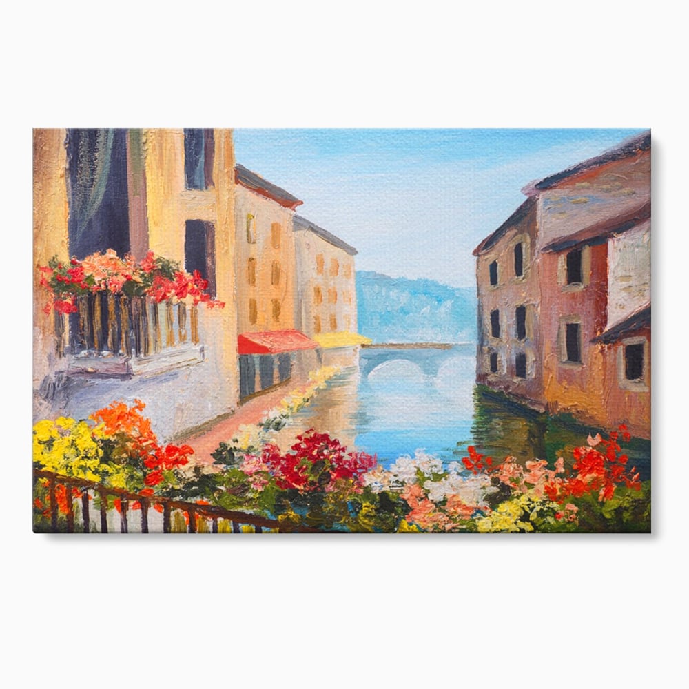 Tablou canvas cu pictura cu canal italian si flori, fara rama, pe sasiu de lemn