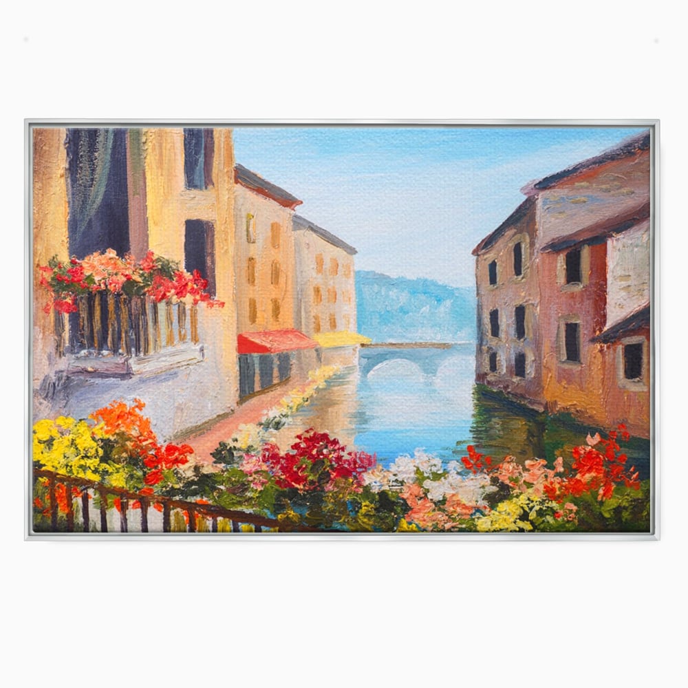 Tablou canvas cu pictura cu canal italian si flori, in rama de aluminiu argintiu