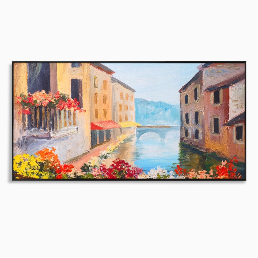 Tablou canvas cu pictura cu canal italian si flori, in rama de aluminiu negru